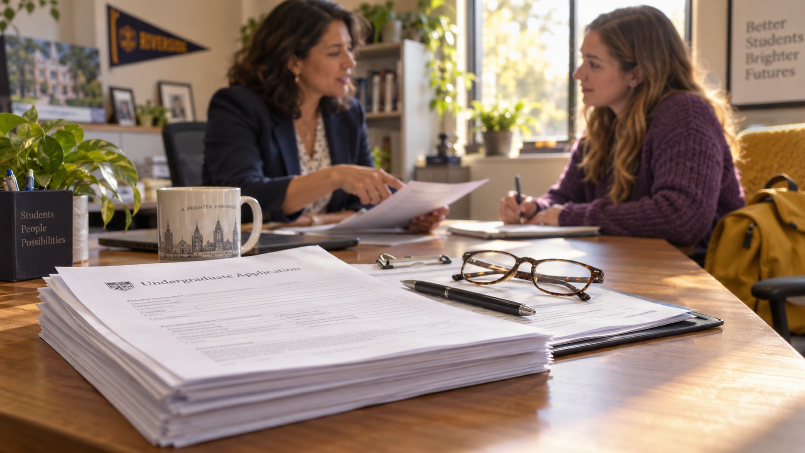 Two admissions staff discussing applications across a desk, with a stack of undergraduate application forms, a pen and glasses in the foreground