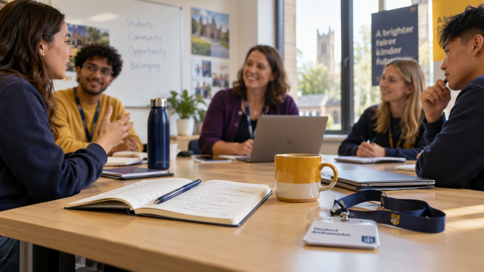 A staff member leading a training session with four student ambassadors around a table, with a notebook, mug and Student Ambassador badge in the foreground